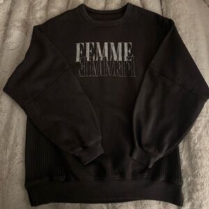 aerie Tres Chic Smoked Grey Black Oversized Sweatshirt With Silver Print XXS NWT